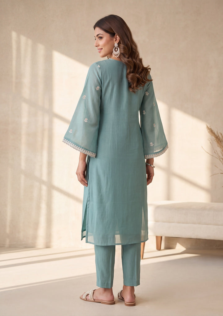 Sea Green Cording Chanderi Readymade Salwar Suit