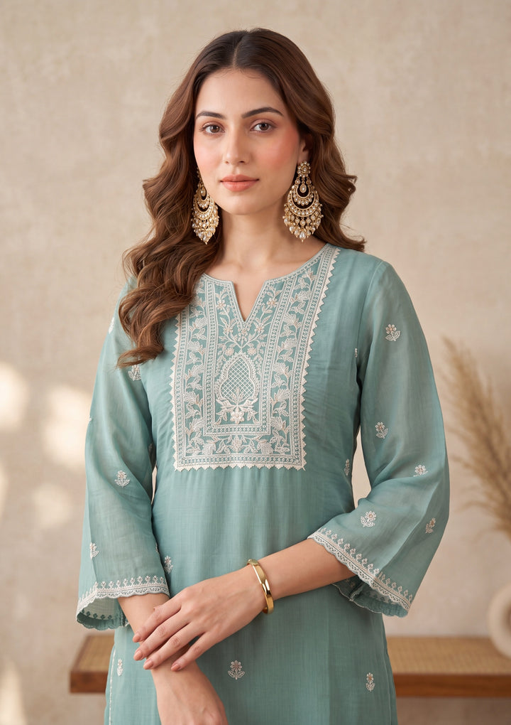 Sea Green Cording Chanderi Readymade Salwar Suit