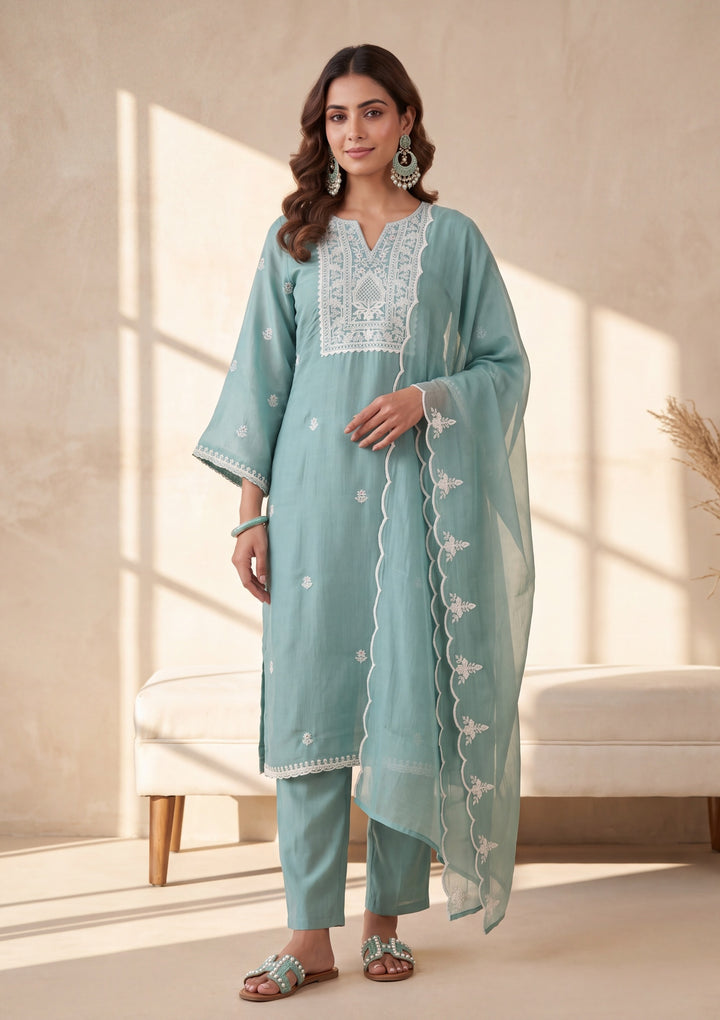 Sea Green Cording Chanderi Readymade Salwar Suit