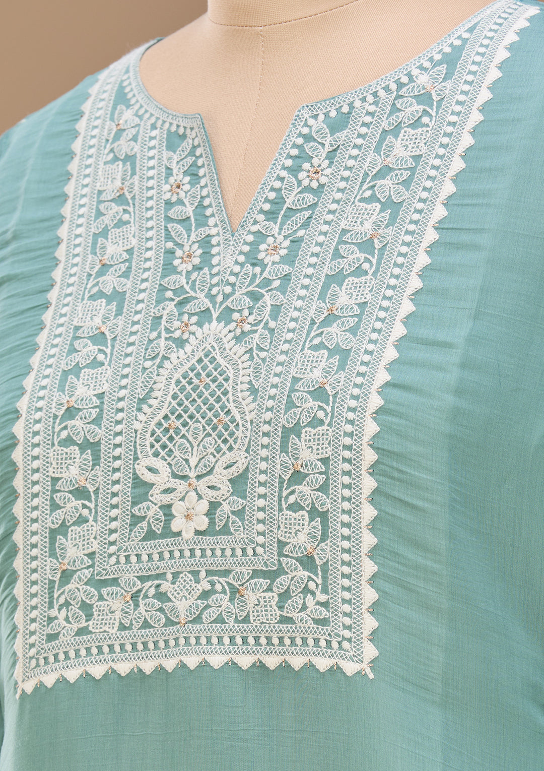 Sea Green Cording Chanderi Readymade Salwar Suit