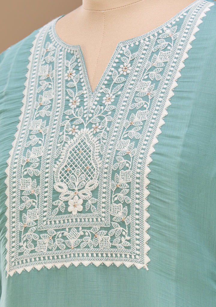 Sea Green Cording Chanderi Readymade Salwar Suit