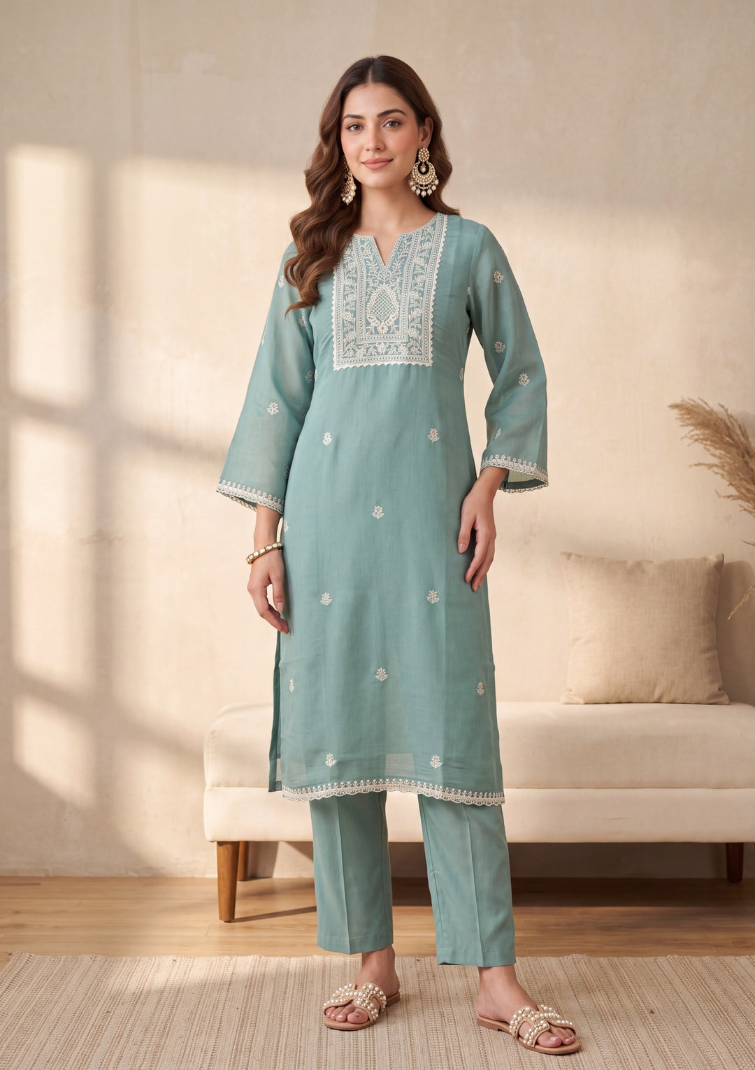 Sea Green Cording Chanderi Readymade Salwar Suit