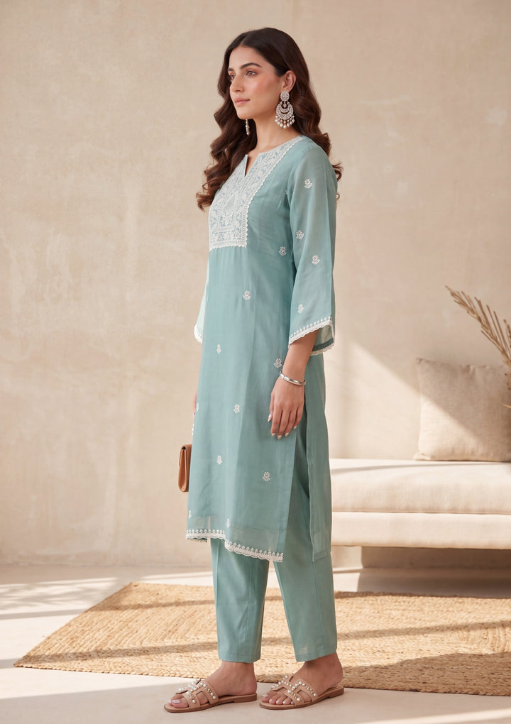 Sea Green Cording Chanderi Readymade Salwar Suit