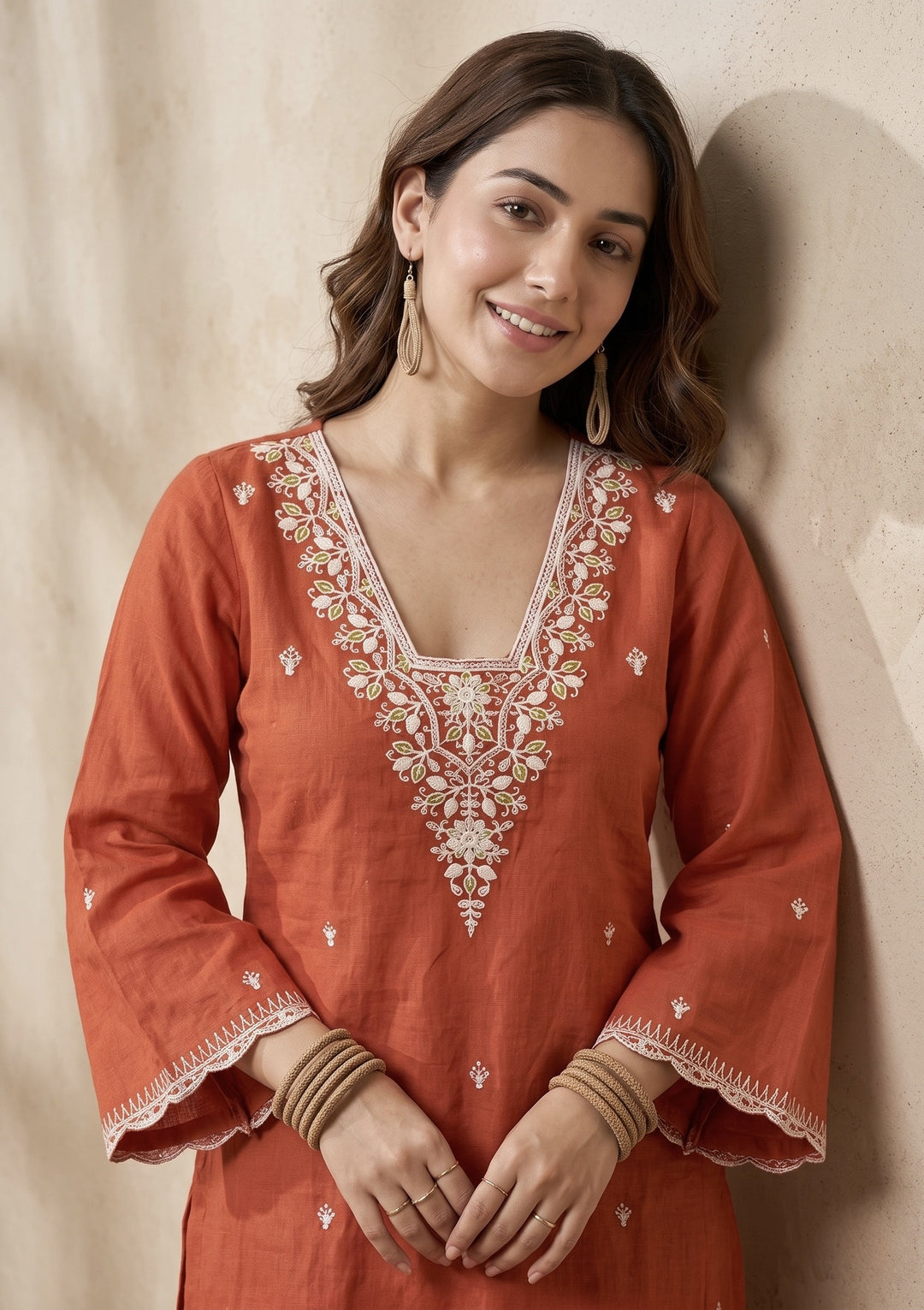 Orange Chanderi Threadwork Straight Kurta With Pant Regular And Dupatta