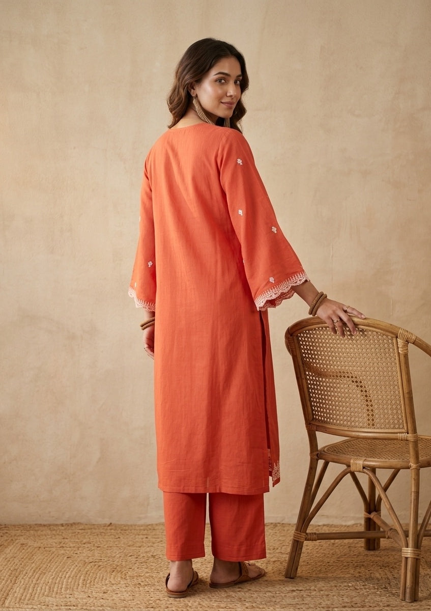 Orange Chanderi Threadwork Straight Kurta With Pant Regular And Dupatta