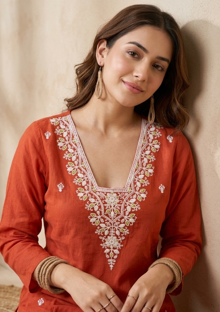 Orange Chanderi Threadwork Straight Kurta With Pant Regular And Dupatta