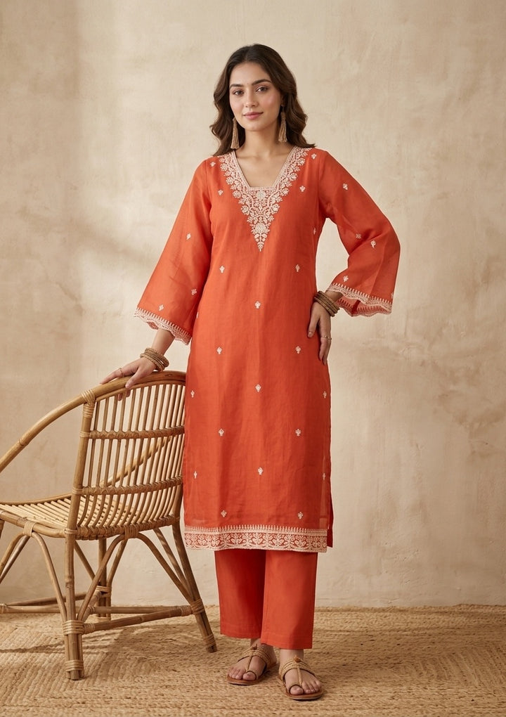 Orange Chanderi Threadwork Straight Kurta With Pant Regular And Dupatta