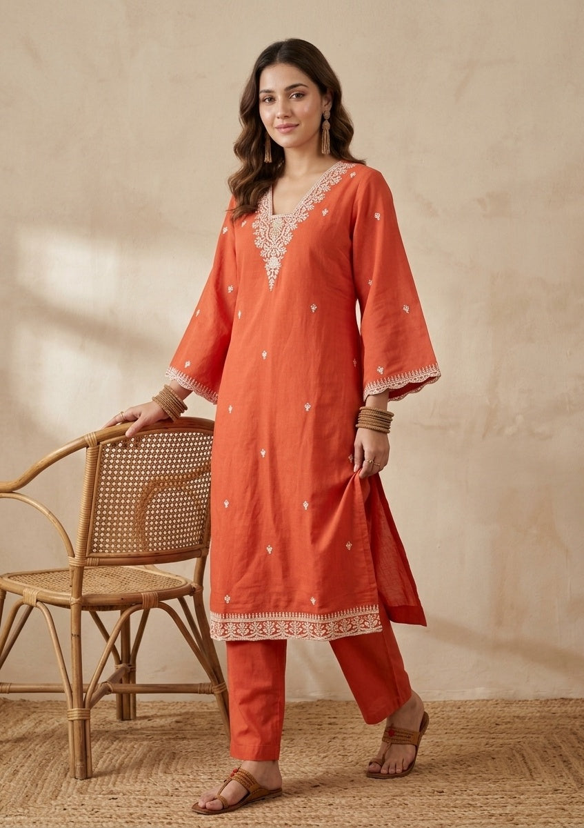 Orange Chanderi Threadwork Straight Kurta With Pant Regular And Dupatta