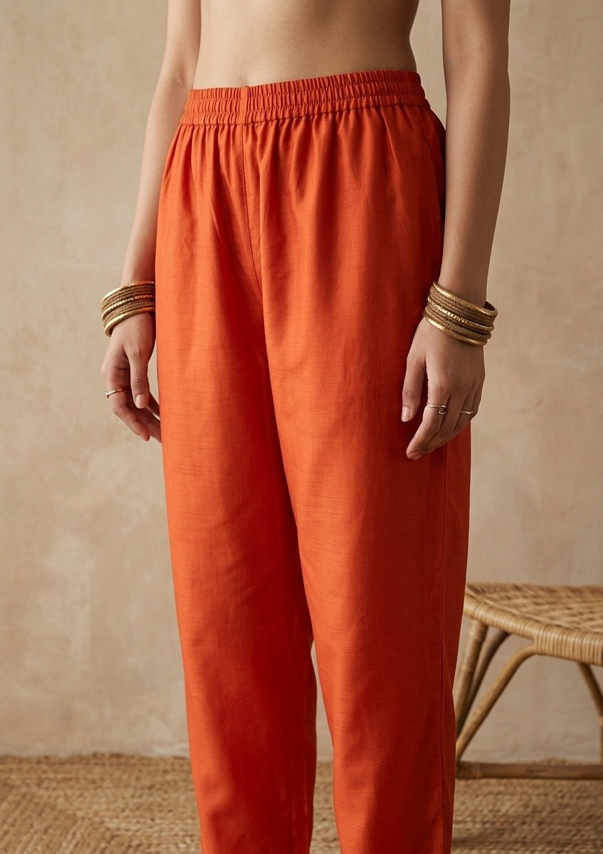Orange Chanderi Threadwork Straight Kurta With Pant Regular And Dupatta