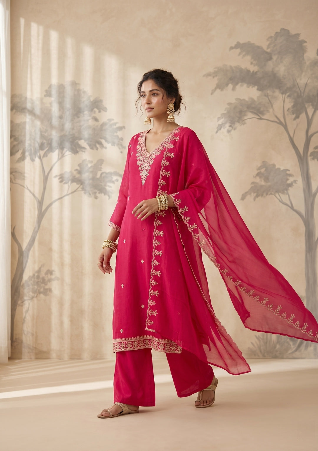 Rani Pink Cording Chanderi Readymade Salwar Suit