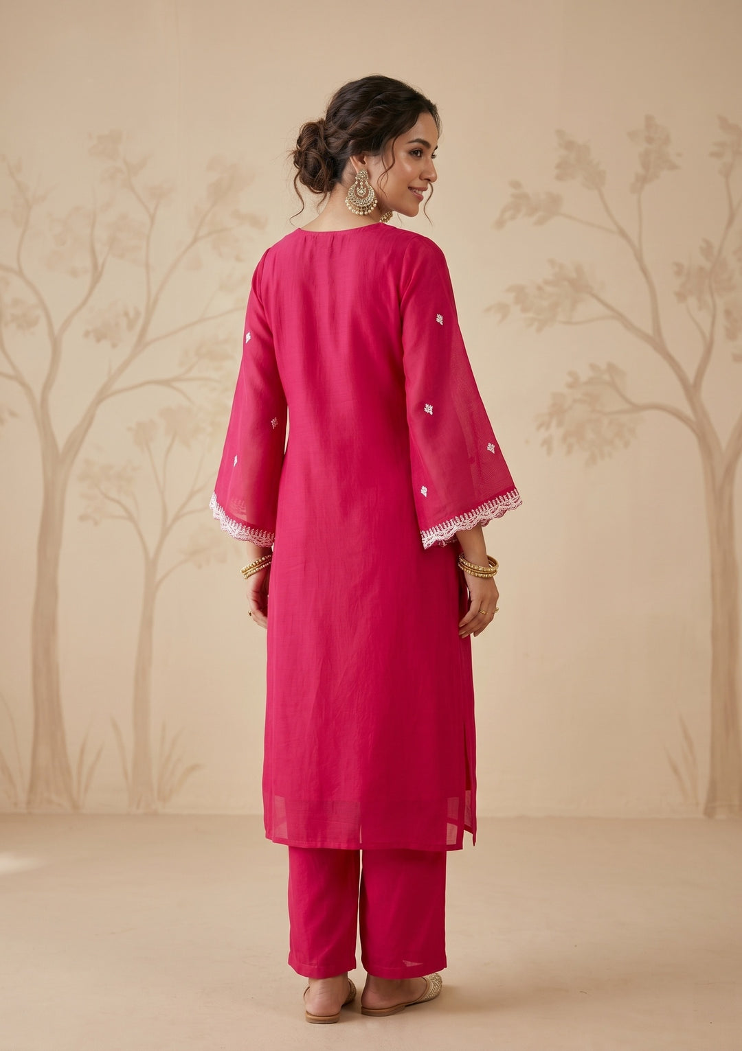 Rani Pink Cording Chanderi Readymade Salwar Suit
