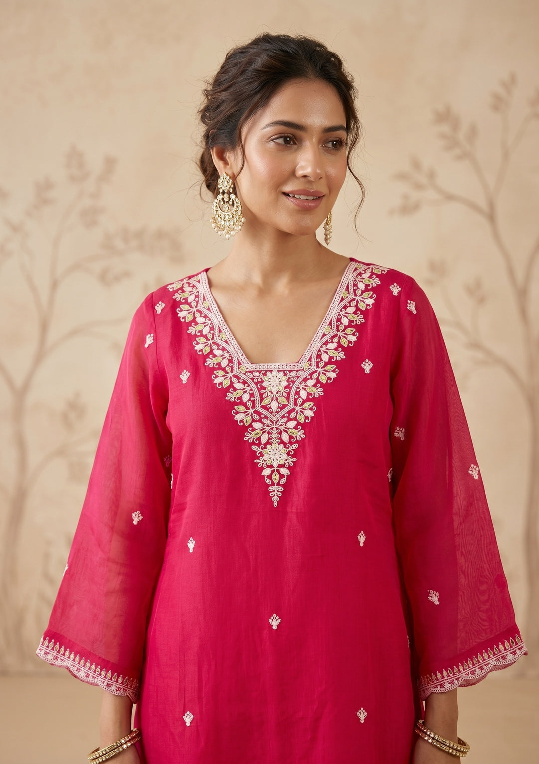 Rani Pink Cording Chanderi Readymade Salwar Suit