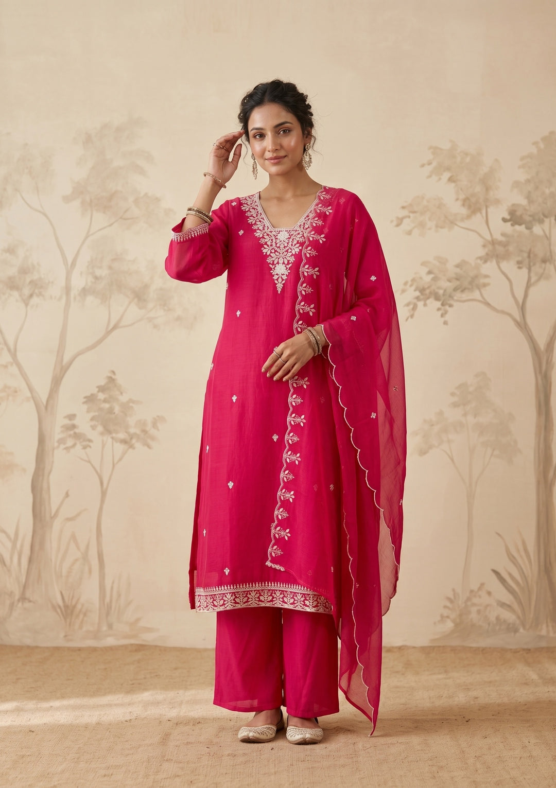 Rani Pink Cording Chanderi Readymade Salwar Suit