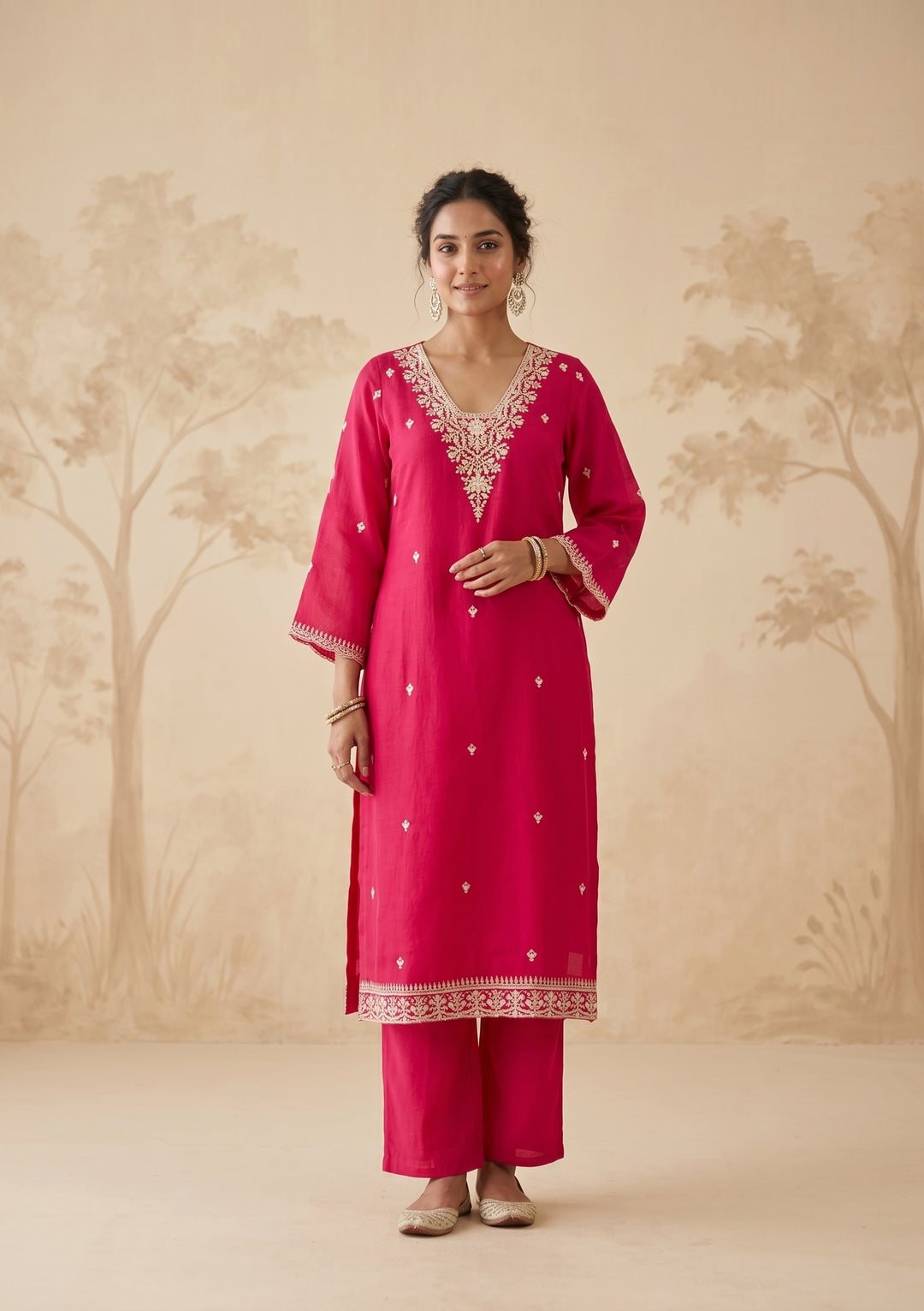 Rani Pink Cording Chanderi Readymade Salwar Suit