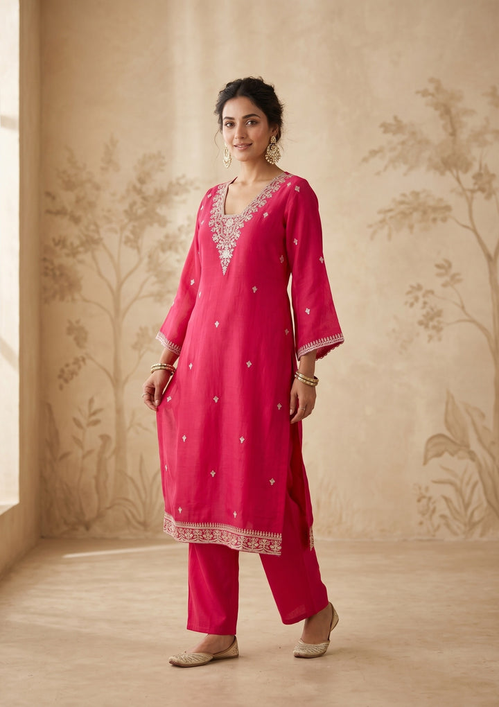 Rani Pink Cording Chanderi Readymade Salwar Suit