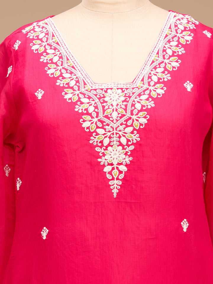 Rani Pink Cording Chanderi Readymade Salwar Suit