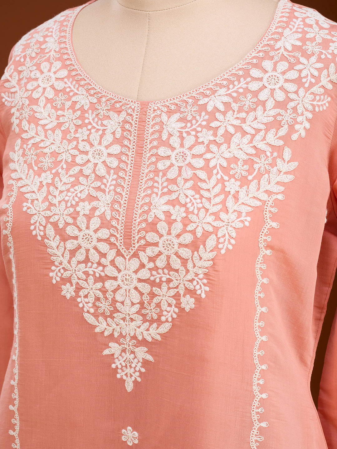 Peach Soft Raw Silk Threadwork Straight Kurta With Pant Regular And Dupatta