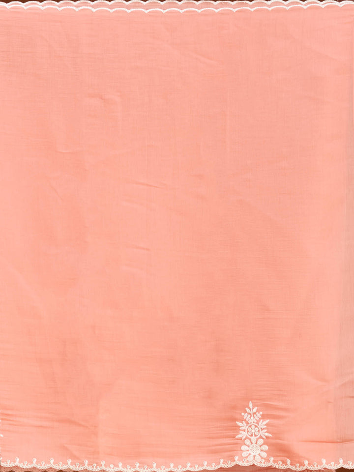 Peach Soft Raw Silk Threadwork Straight Kurta With Pant Regular And Dupatta