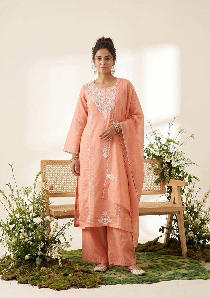Peach Soft Raw Silk Threadwork Straight Kurta With Pant Regular And Dupatta