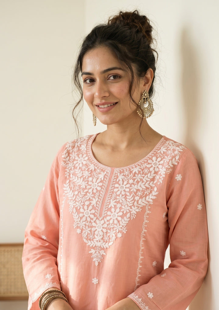 Peach Soft Raw Silk Threadwork Straight Kurta With Pant Regular And Dupatta