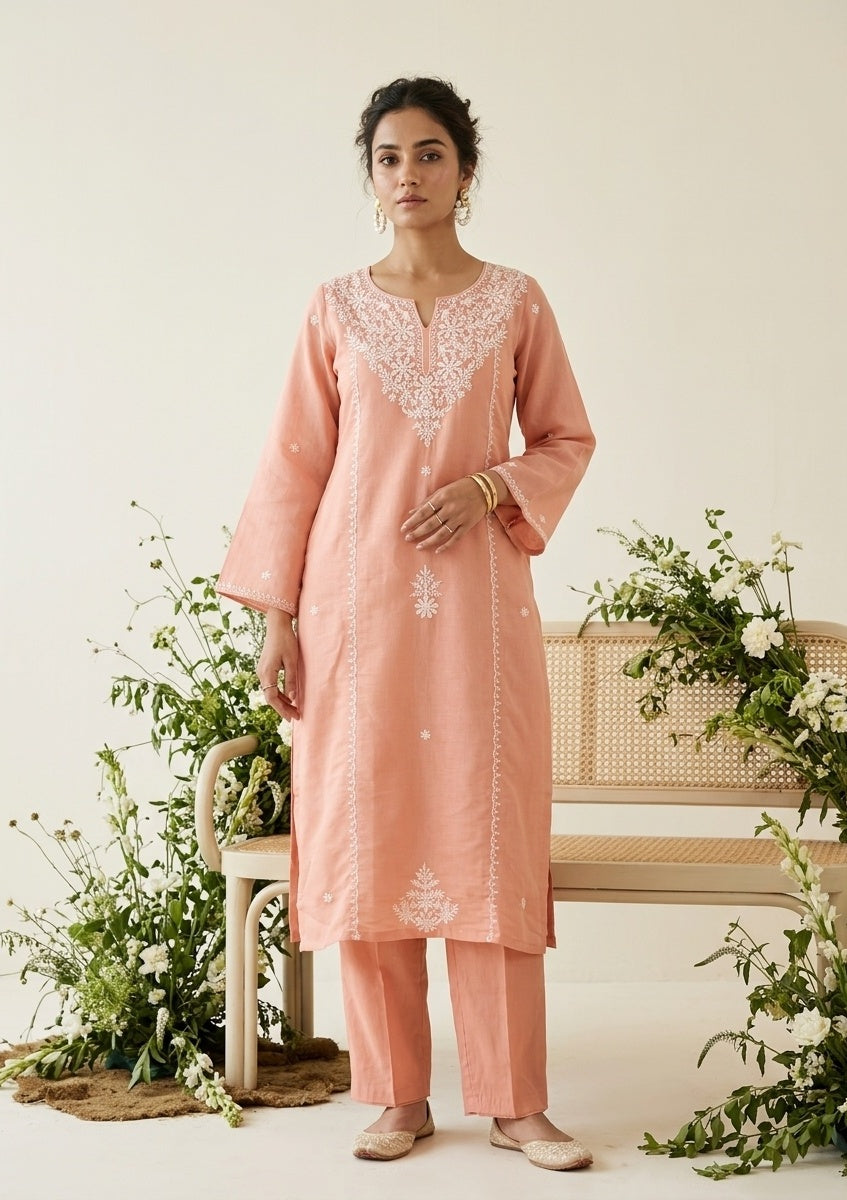 Peach Soft Raw Silk Threadwork Straight Kurta With Pant Regular And Dupatta