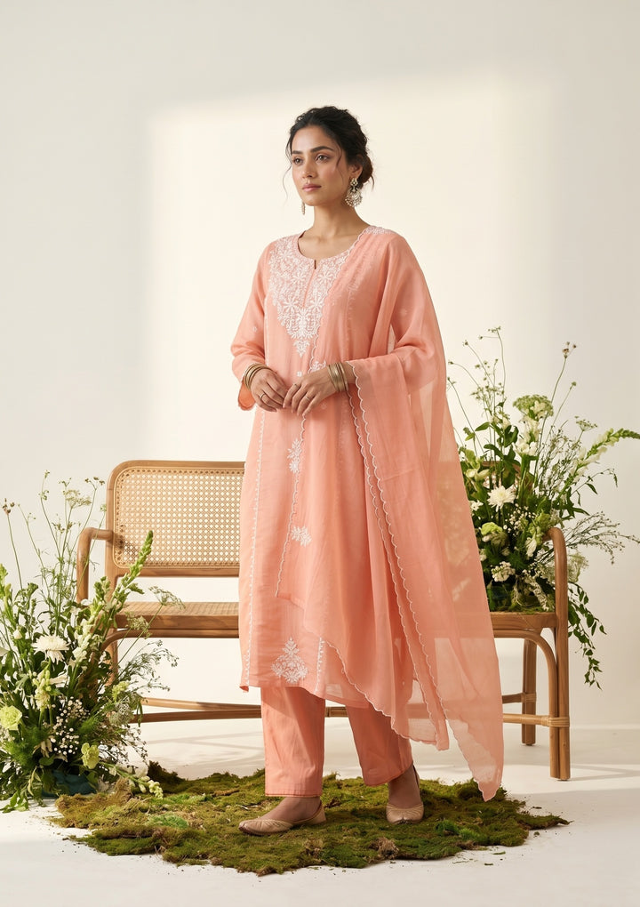 Peach Soft Raw Silk Threadwork Straight Kurta With Pant Regular And Dupatta