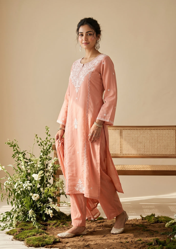 Peach Soft Raw Silk Threadwork Straight Kurta With Pant Regular And Dupatta