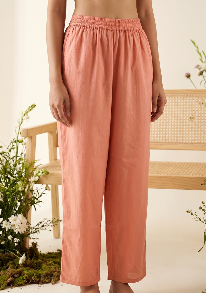 Peach Soft Raw Silk Threadwork Straight Kurta With Pant Regular And Dupatta