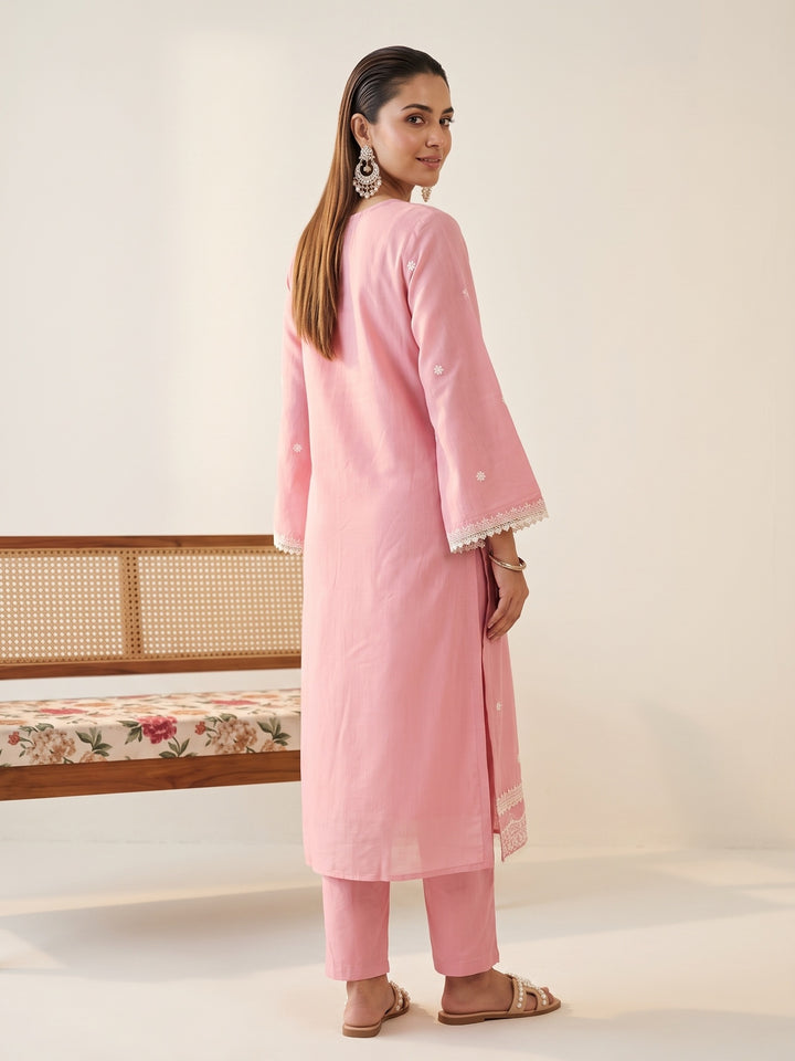 Pink Threadwork Chanderi Readymade Salwar Suit