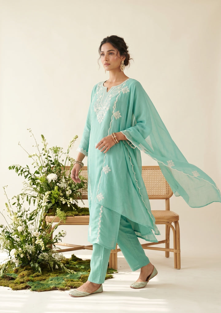 Sea Green Threadwork Chanderi Readymade Salwar Suit