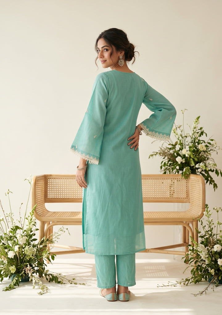 Sea Green Threadwork Chanderi Readymade Salwar Suit