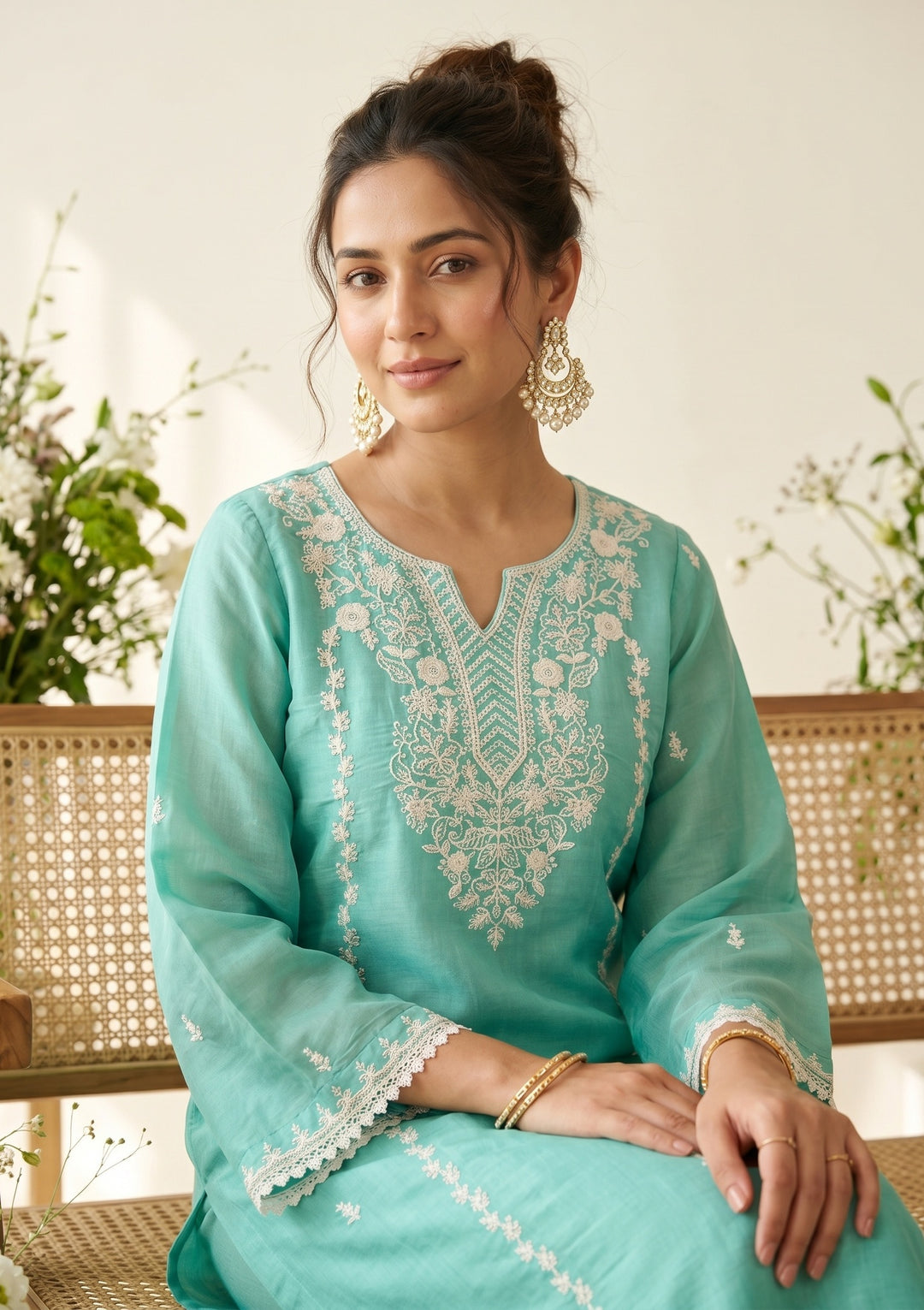 Sea Green Threadwork Chanderi Readymade Salwar Suit