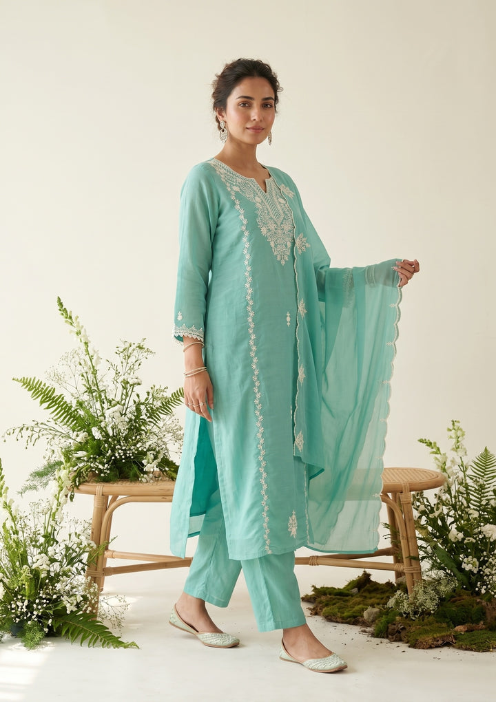 Sea Green Threadwork Chanderi Readymade Salwar Suit