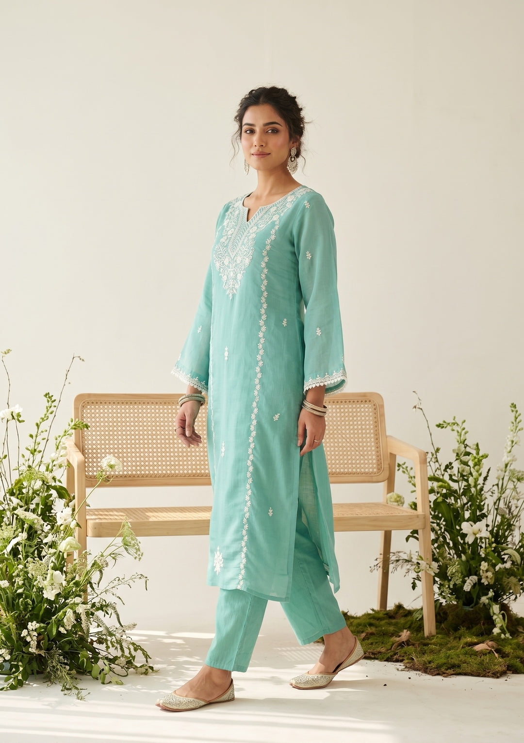 Sea Green Threadwork Chanderi Readymade Salwar Suit