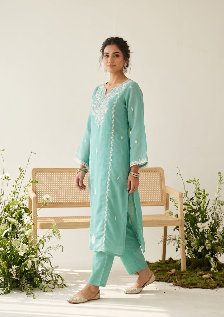 Sea Green Threadwork Chanderi Readymade Salwar Suit