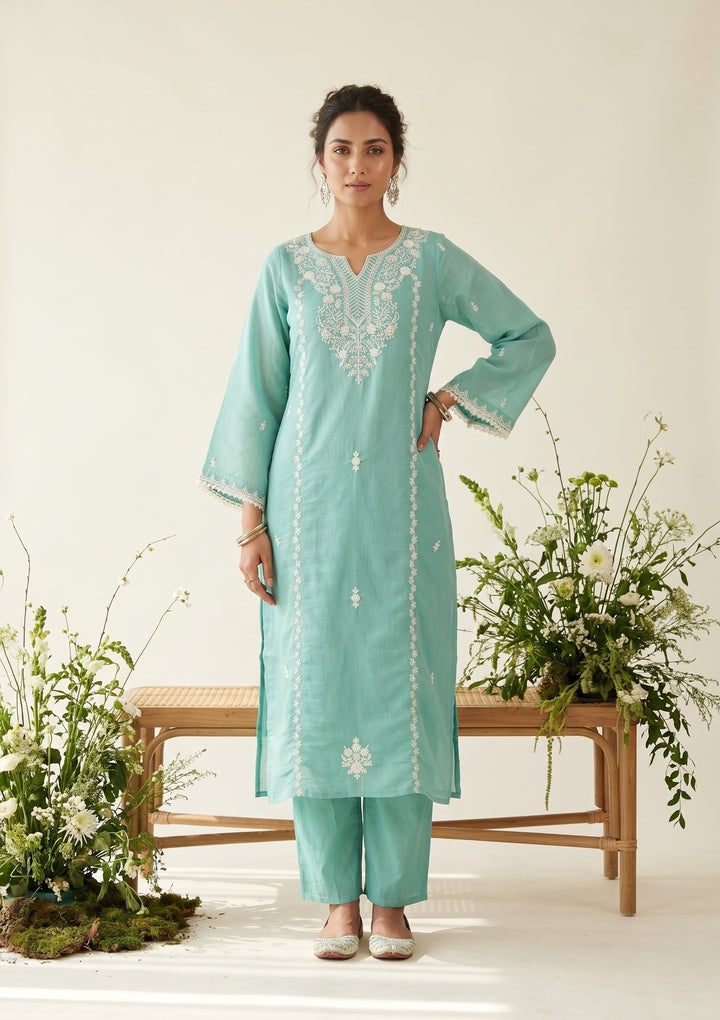 Sea Green Threadwork Chanderi Readymade Salwar Suit