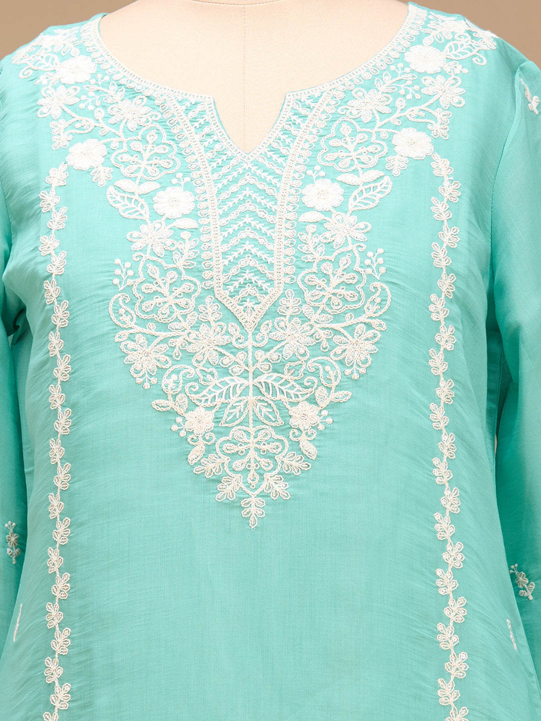 Sea Green Threadwork Chanderi Readymade Salwar Suit