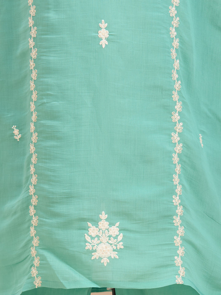 Sea Green Threadwork Chanderi Readymade Salwar Suit