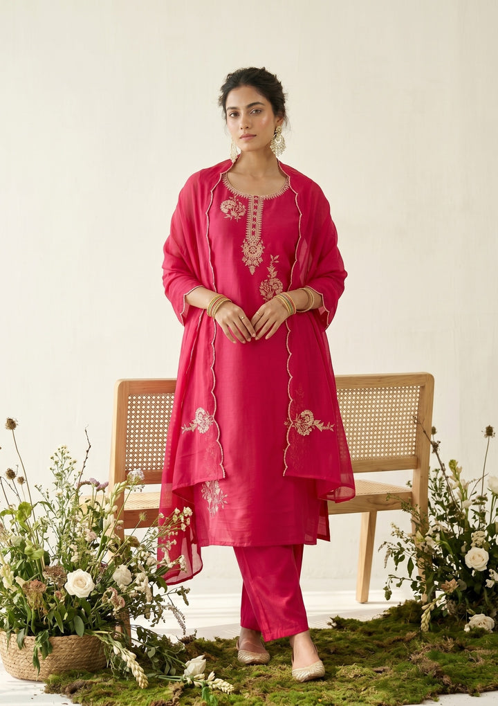 Rani Pink Soft Raw Silk Gold Zariwork Straight Kurta With Pant Regular And Dupatta
