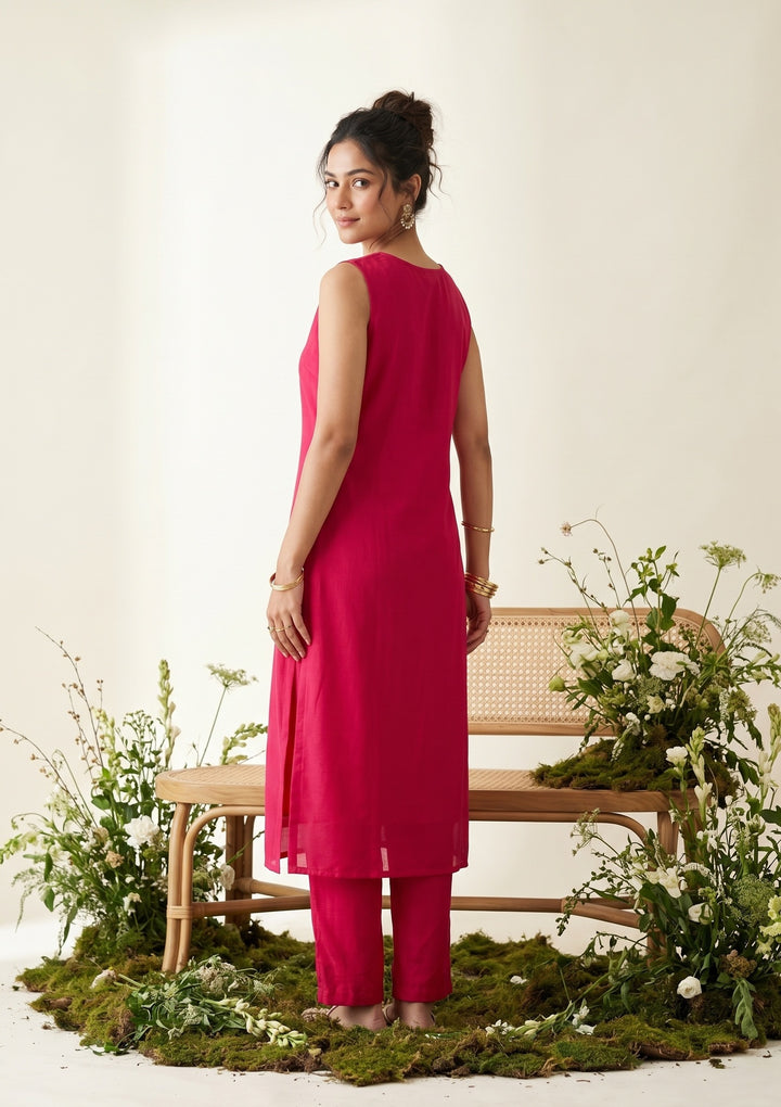 Rani Pink Soft Raw Silk Gold Zariwork Straight Kurta With Pant Regular And Dupatta
