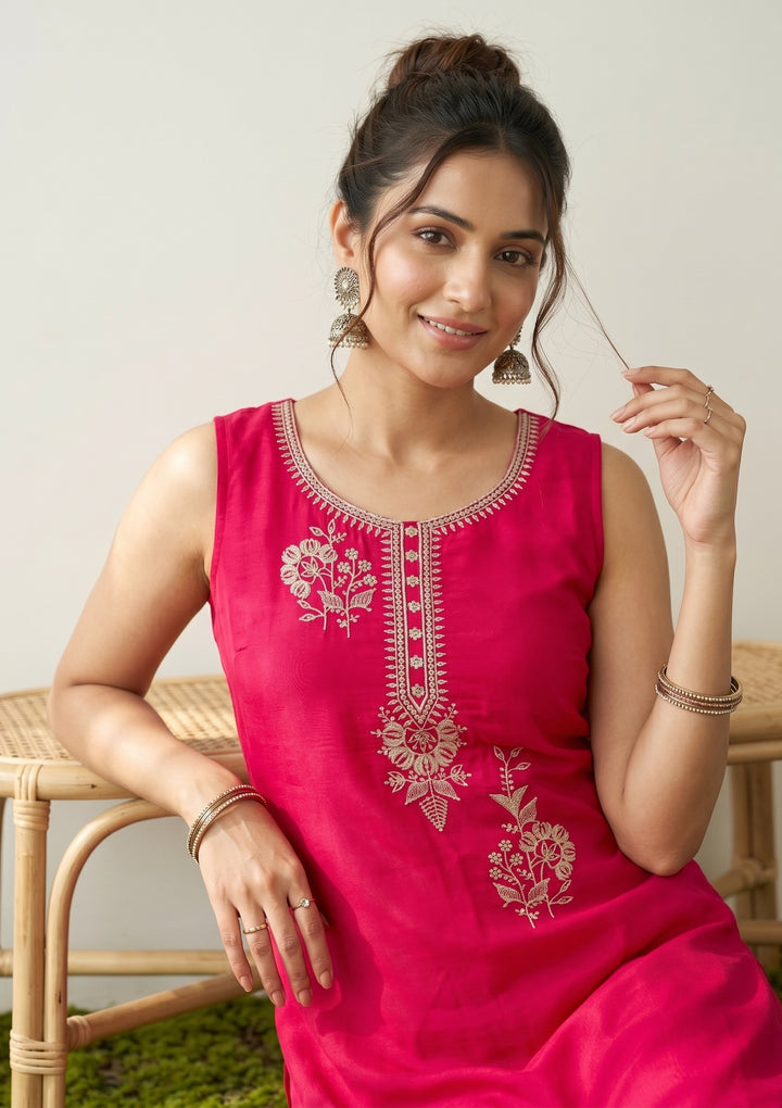 Rani Pink Soft Raw Silk Gold Zariwork Straight Kurta With Pant Regular And Dupatta