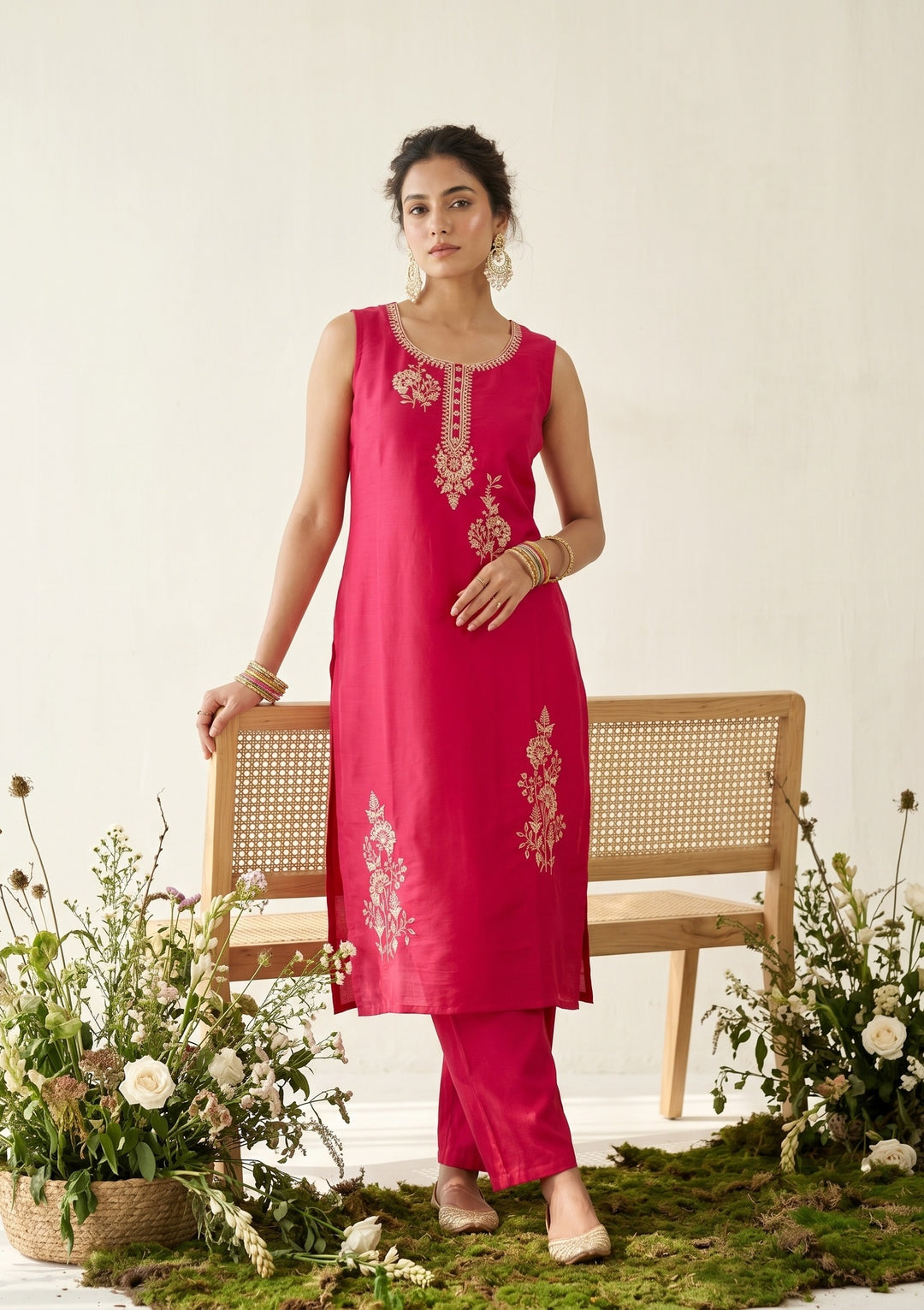Rani Pink Soft Raw Silk Gold Zariwork Straight Kurta With Pant Regular And Dupatta
