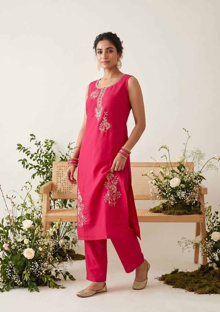 Rani Pink Soft Raw Silk Gold Zariwork Straight Kurta With Pant Regular And Dupatta