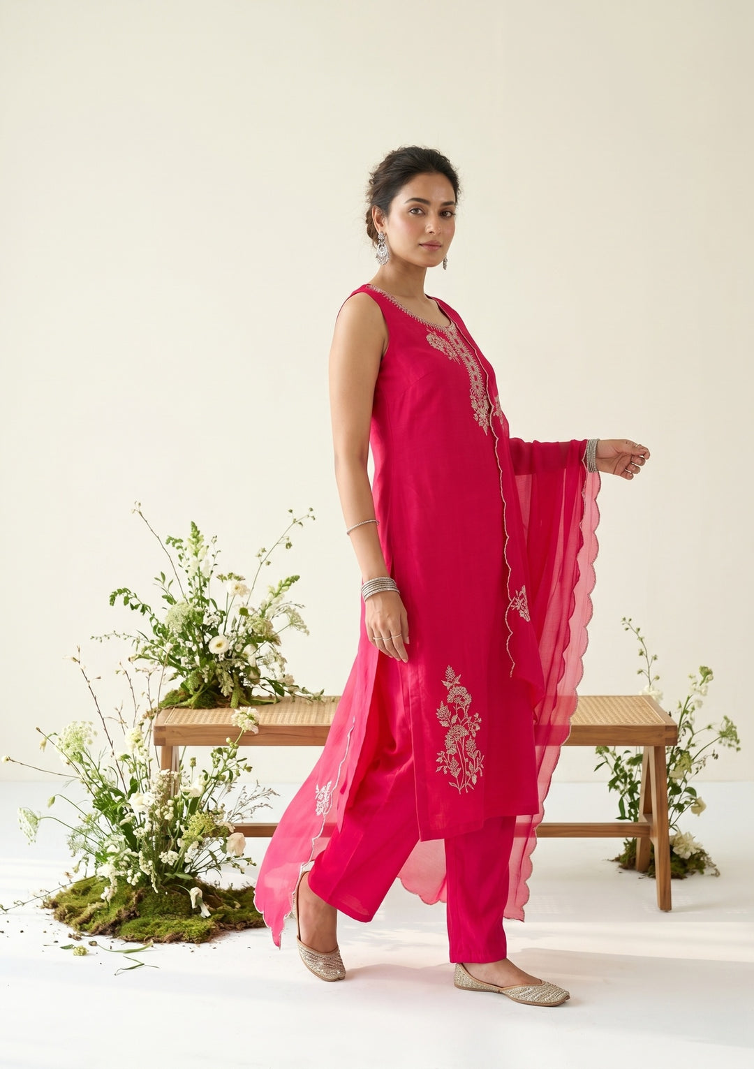 Rani Pink Soft Raw Silk Gold Zariwork Straight Kurta With Pant Regular And Dupatta