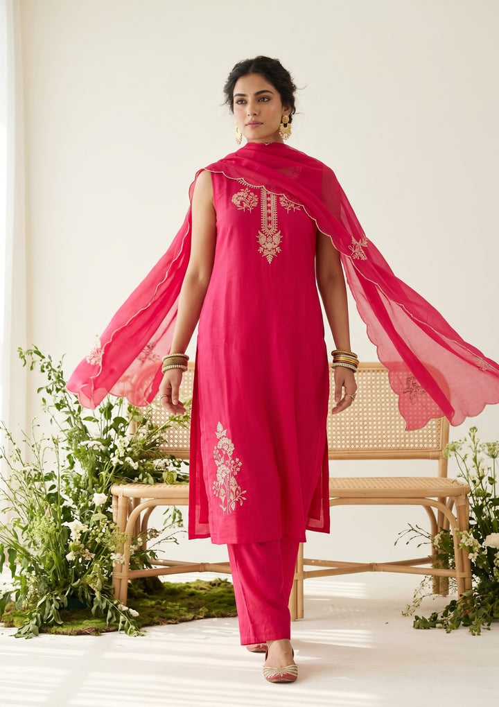 Rani Pink Soft Raw Silk Gold Zariwork Straight Kurta With Pant Regular And Dupatta