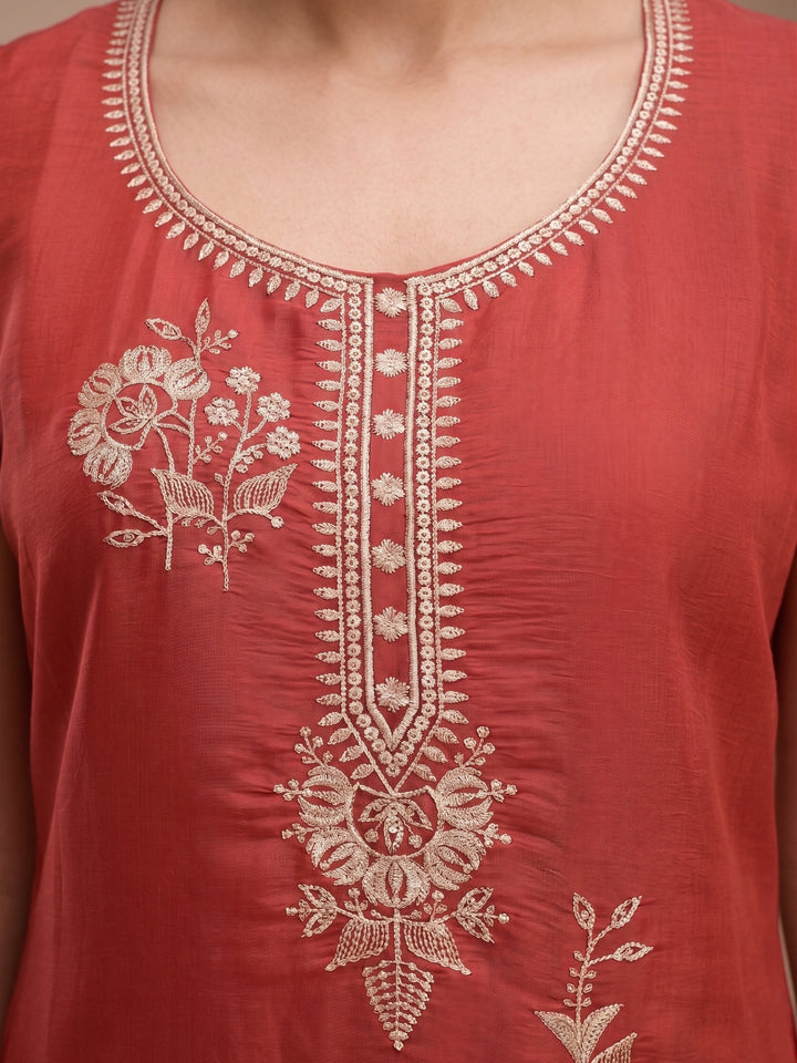 Rust Zariwork (Gold) Chanderi Readymade Salwar Suit