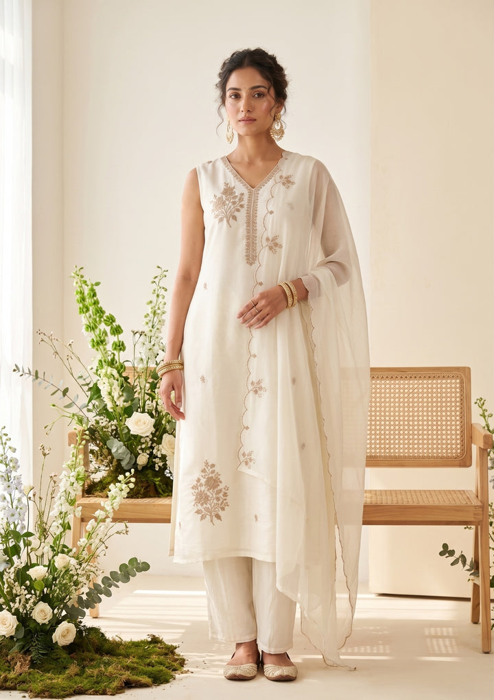 Off White Chanderi Gold Zariwork Straight Kurta With Pant Regular And Dupatta