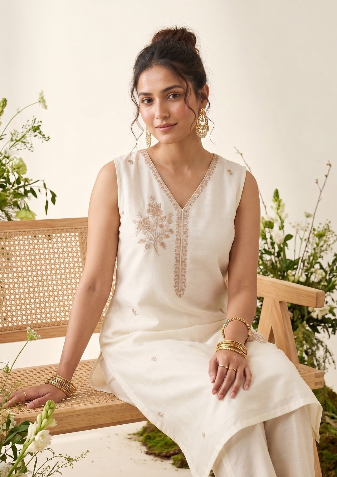 Off White Chanderi Gold Zariwork Straight Kurta With Pant Regular And Dupatta