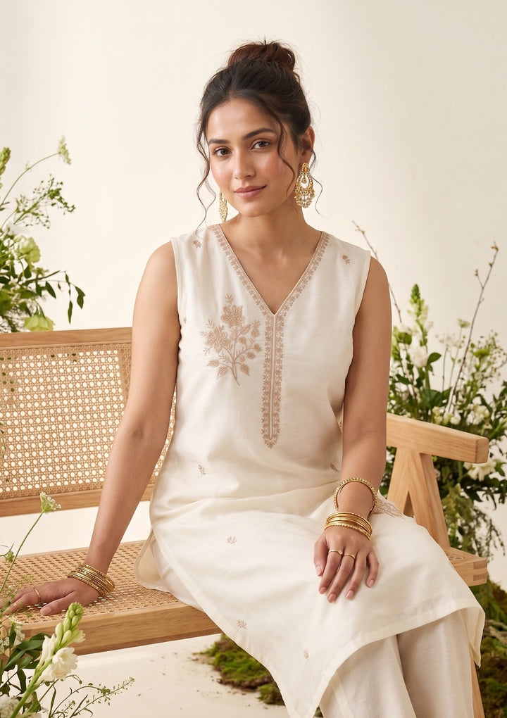Off White Chanderi Gold Zariwork Straight Kurta With Pant Regular And Dupatta