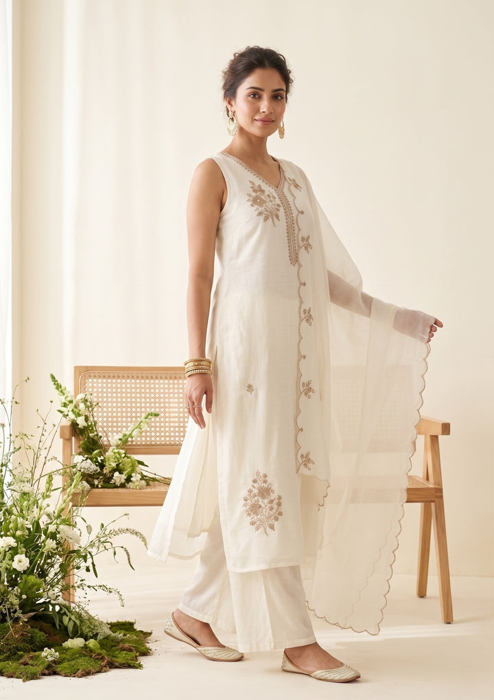 Off White Chanderi Gold Zariwork Straight Kurta With Pant Regular And Dupatta